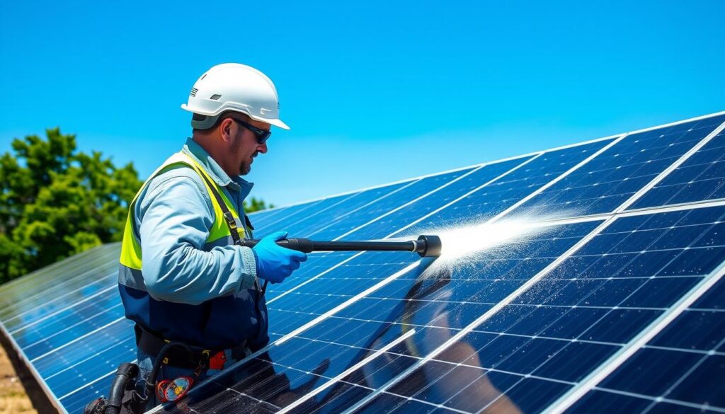 Generate an image of a HiCleaners technician cleaning solar panels in Dover, NH.