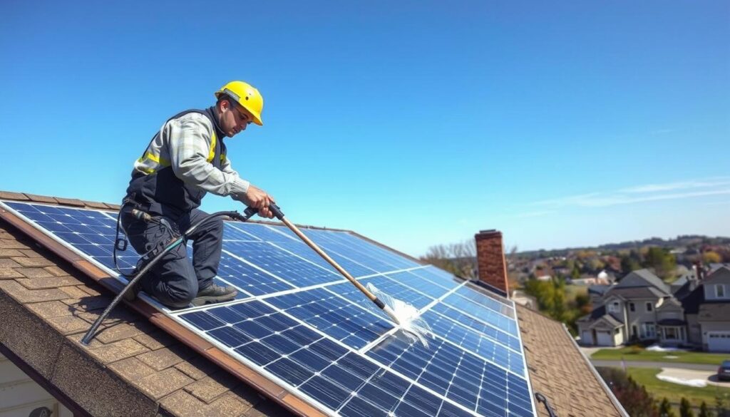 Generate an image of a HydroPure Window Cleaning technician cleaning solar panels on a residential roof in Nashua, NH.