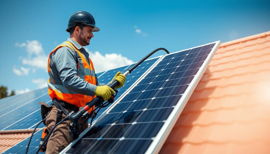 Generate an image of a Milwaukee Solar Panel Specialists technician cleaning solar panels with advanced equipment.