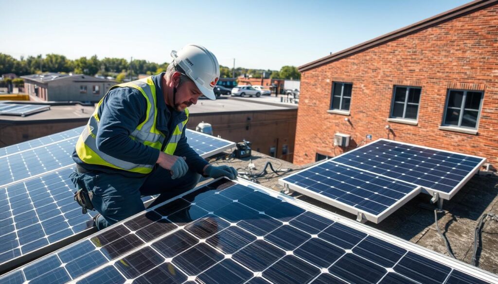 Generate an image of a NuWatt Energy technician inspecting solar panels on a commercial building in Fall River, MA.