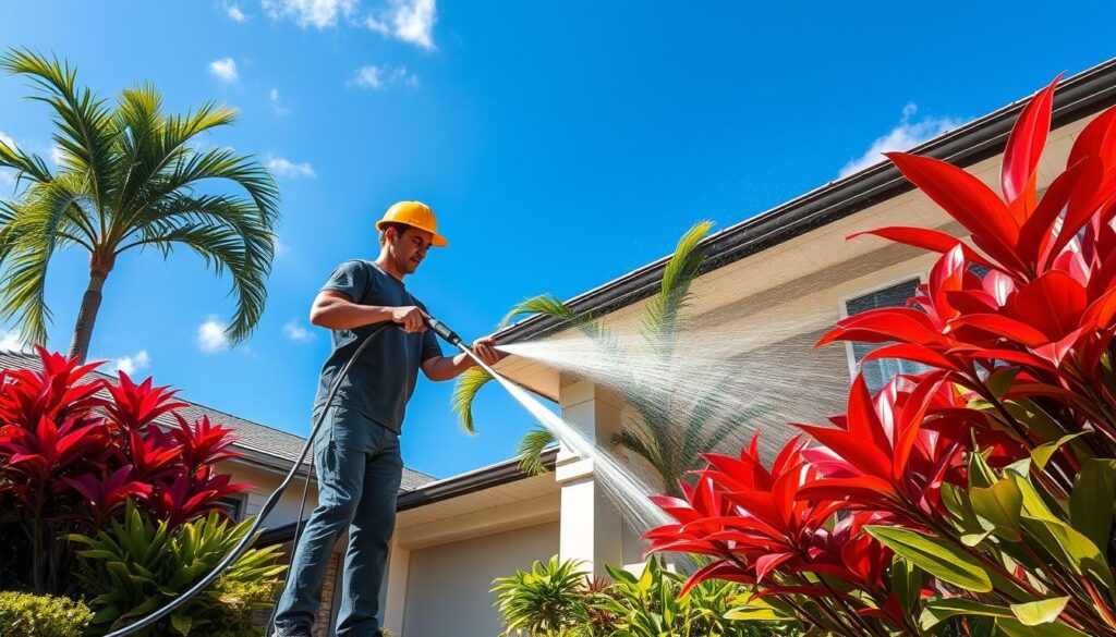 Generate an image of a ProSoftWash pressure washing expert cleaning a residential property in Kailua, HI.