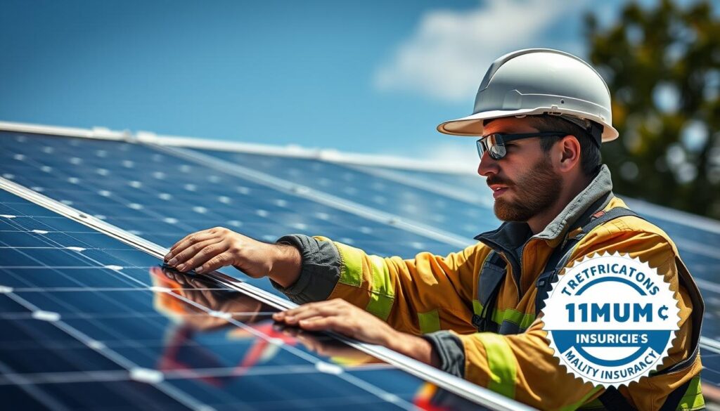 Generate an image of a Reflections of Santa Fe LLC technician cleaning solar panels with a focus on their $1 million liability insurance coverage.