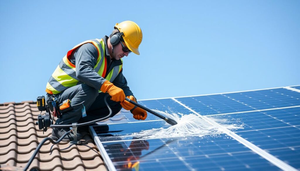 Generate an image of a Roof Cleaners RI technician cleaning solar panels on a roof.