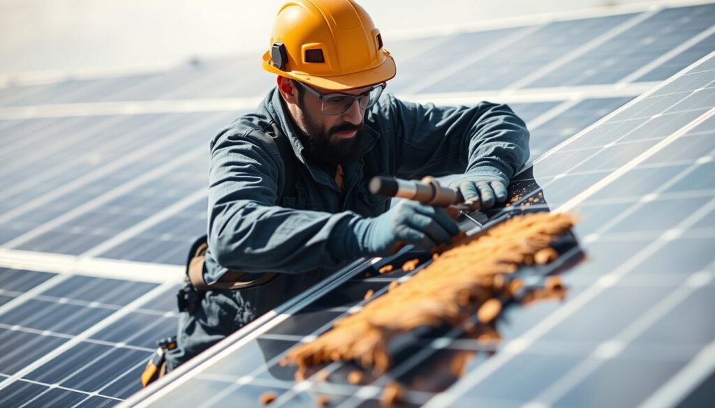 Generate an image of a Santa Fe Solar Maintenance technician inspecting and cleaning solar panels with a focus on their specialized knowledge.
