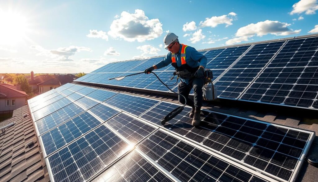 Generate an image of a Shine Window Cleaning technician cleaning solar panels on a residential roof in Omaha.