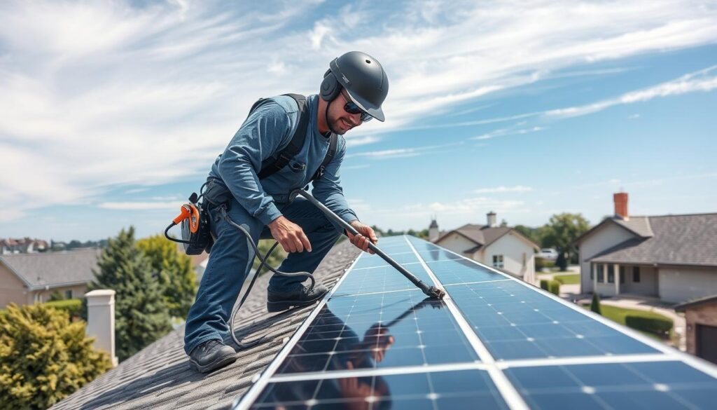 Generate an image of a Squeegee Squad Omaha technician cleaning solar panels on a residential roof in Omaha, NE.