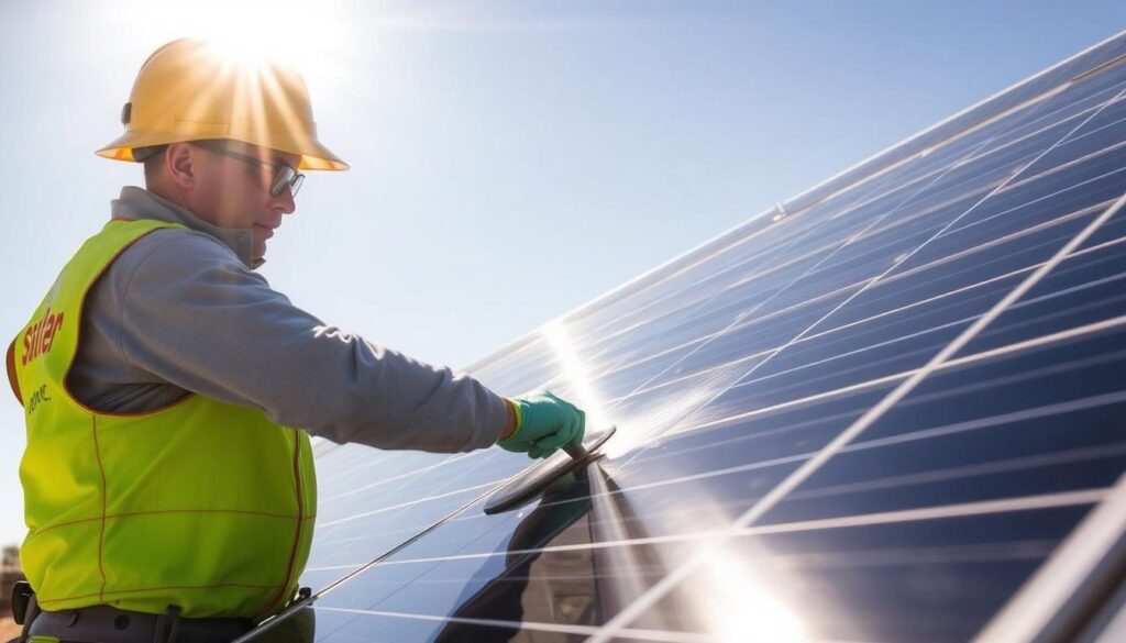 Generate an image of a SunState Solar Inc. technician cleaning solar panels in Roswell, NM.