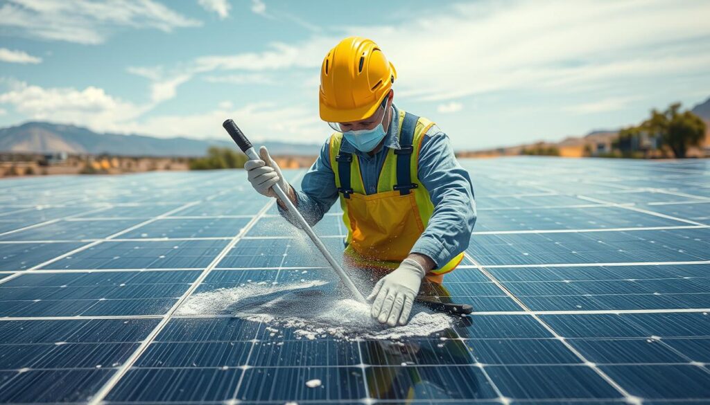 Generate an image of a Sunshine Cleaners NM technician using eco-friendly cleaning methods on solar panels.