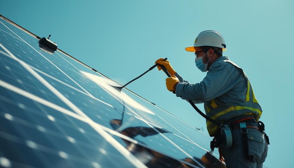 Generate an image of a Sunshine Cleaners technician cleaning solar panels on a residential roof in Bellevue, NE.
