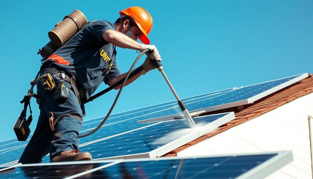 Generate an image of a Unity Solar Panel Cleaning technician performing a thorough cleaning of solar panels on a residential roof in Warwick, RI.
