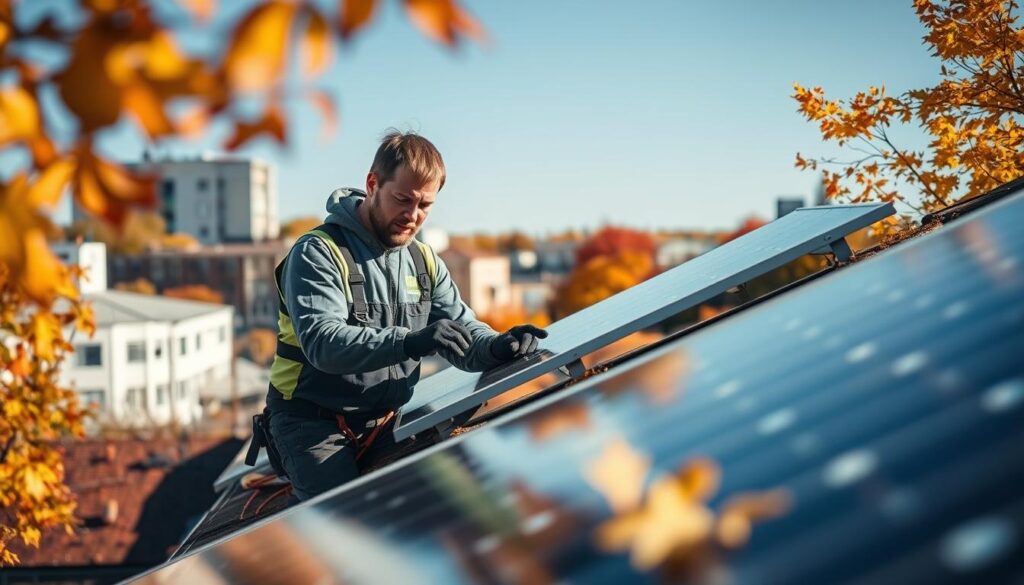 Generate an image of a Viridis Energy Solutions team member cleaning solar panels on a rooftop in Fall River, MA.