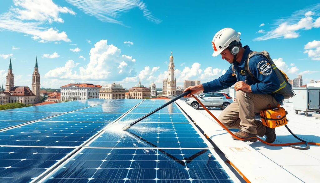 Generate an image of a Water Wizards technician cleaning solar panels on a rooftop in Charleston, SC.