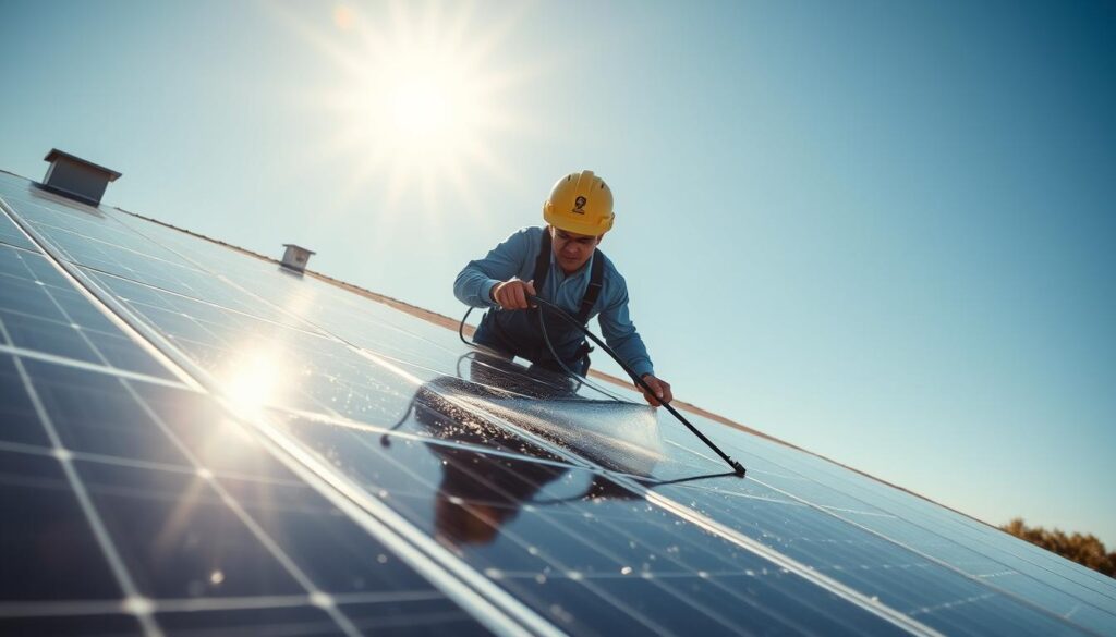Generate an image of a Wicked Clean Homes technician cleaning solar panels on a residential roof in Warwick, RI.