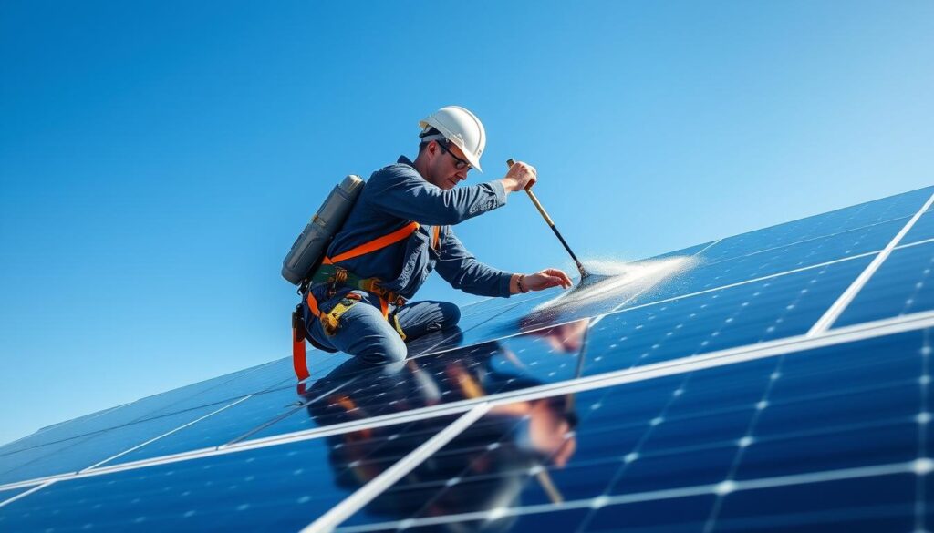 Generate an image of a Window Genie technician cleaning solar panels in Louisville, KY.