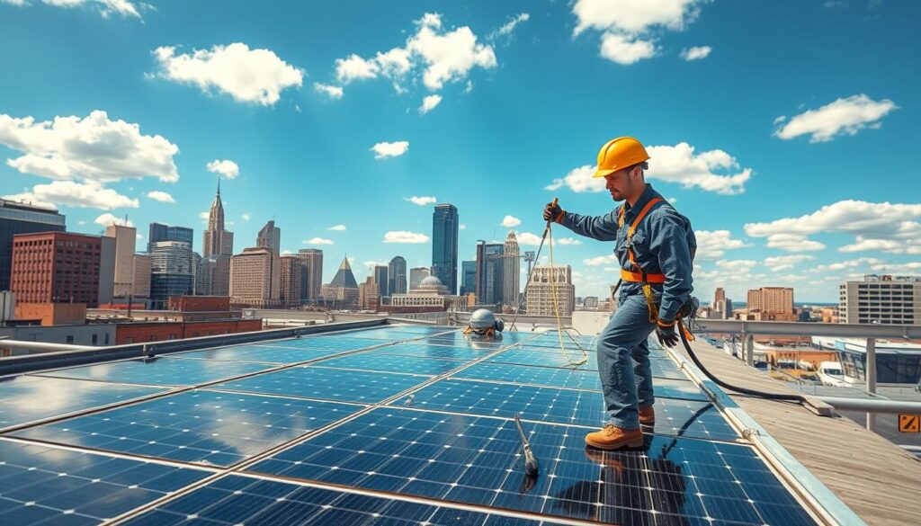 Generate an image of a Window Genie technician cleaning solar panels in Milwaukee.