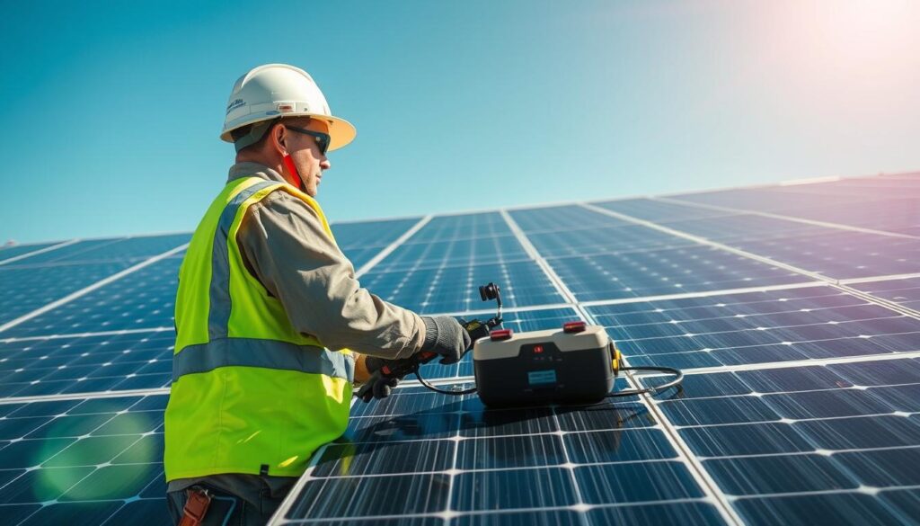 Generate an image of a clean solar panel installation in Albany, GA, with a technician using specialized equipment.