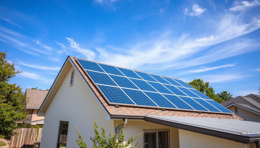 Generate an image of a clean solar panel system on a residential roof in Huntsville, AL.