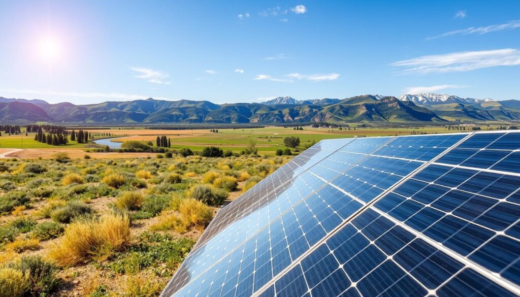 Generate an image of a clean solar panel with a subtle Idaho Falls landscape in the background.