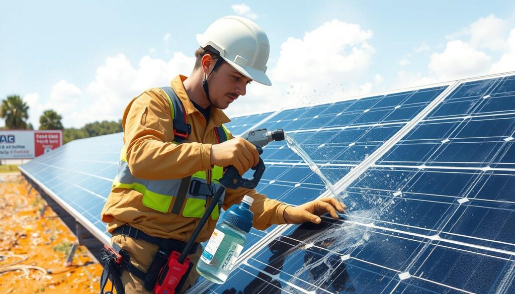 Generate an image of a licensed solar electrician cleaning solar panels with purified water.
