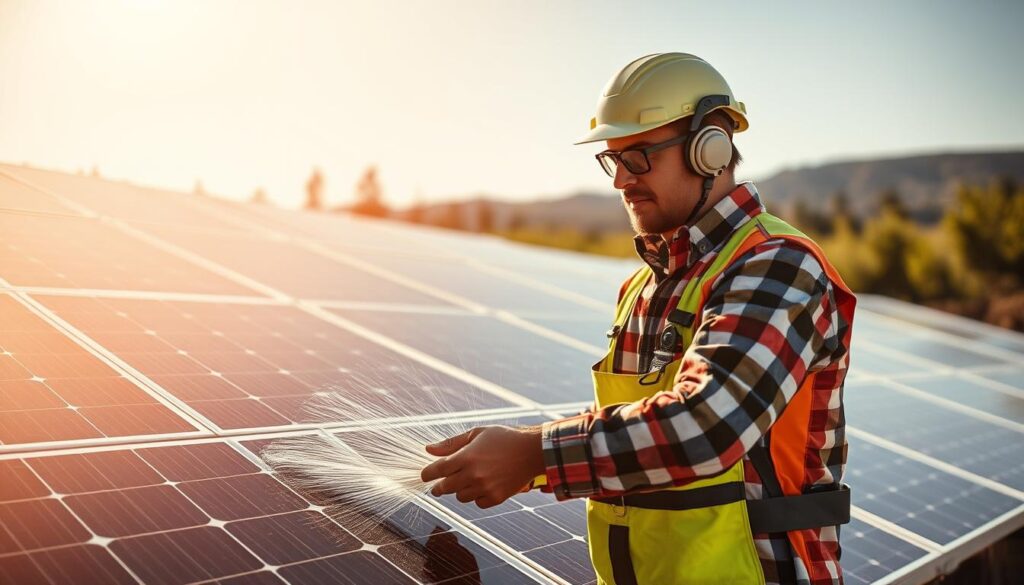 Generate an image of a person cleaning solar panels with eco-friendly equipment.