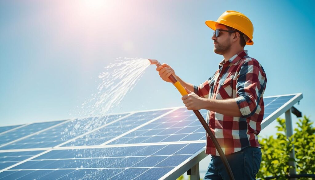 Generate an image of a person using a purified water-fed pole system to clean solar panels.