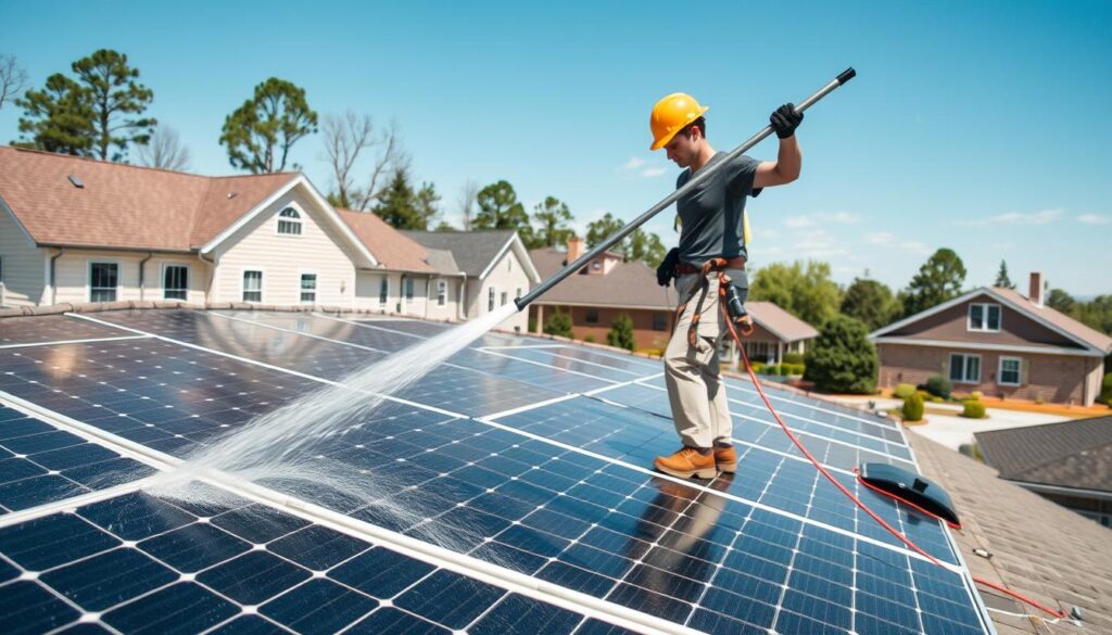 Generate an image of a person using a water-fed pole system to clean solar panels on a residential roof in Albany, GA.