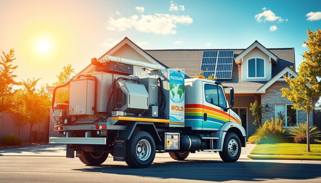 Generate an image of a pressure washing truck with a filtration system, parked in front of a house with solar panels.