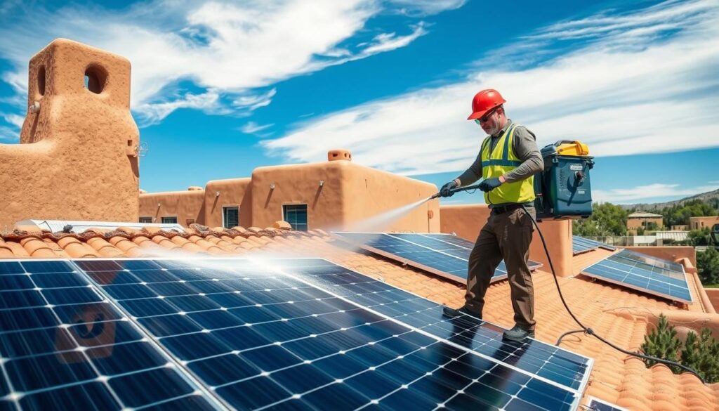 Generate an image of a professional cleaner using specialized equipment to clean solar panels on a residential roof in Santa Fe, NM.