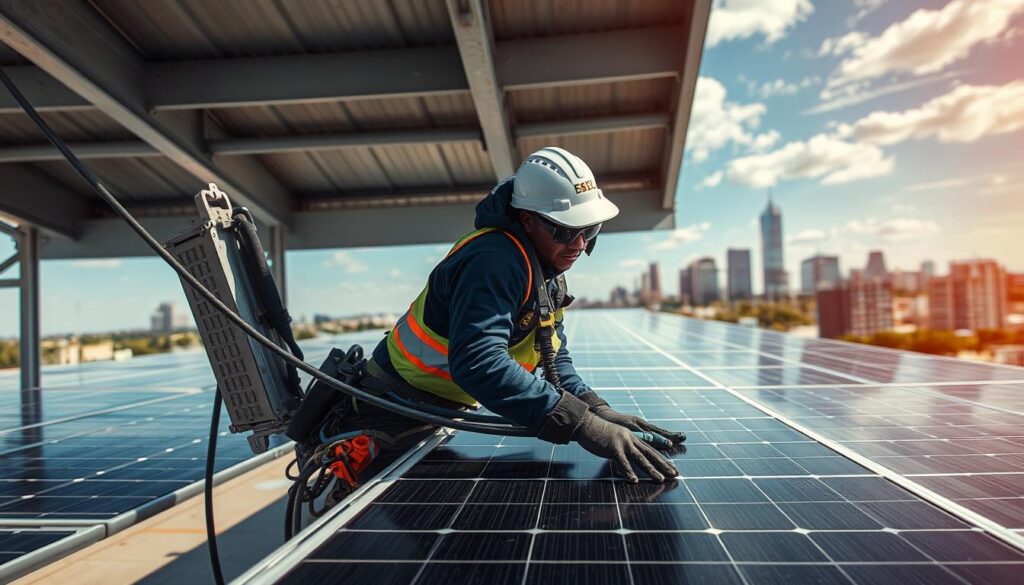 Generate an image of a professional solar panel cleaner in Omaha, NE.