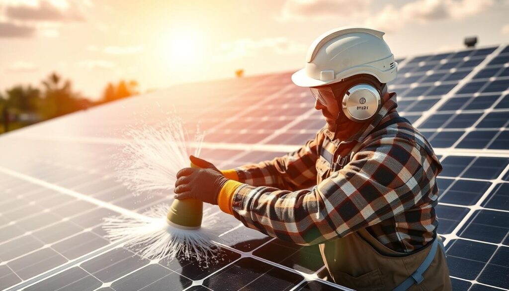 Generate an image of a solar panel being cleaned by a professional