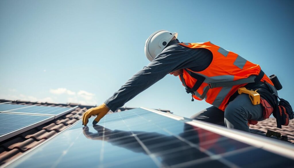 Generate an image of a solar panel being cleaned by a professional