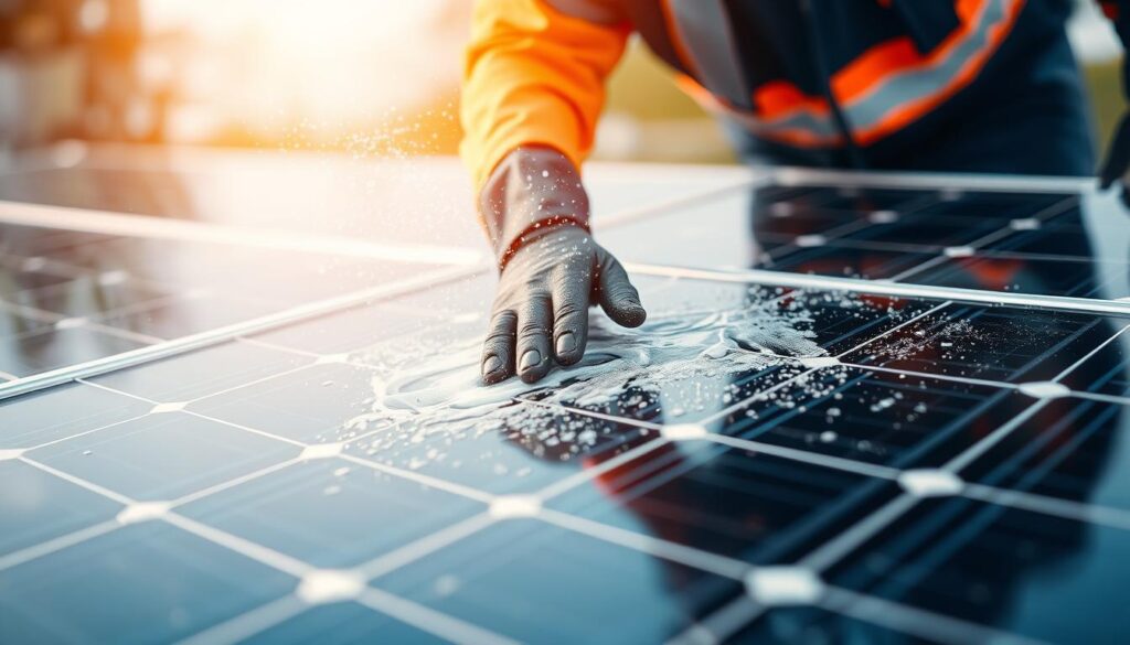 Generate an image of a solar panel being cleaned by a professional using a soft washing technique.