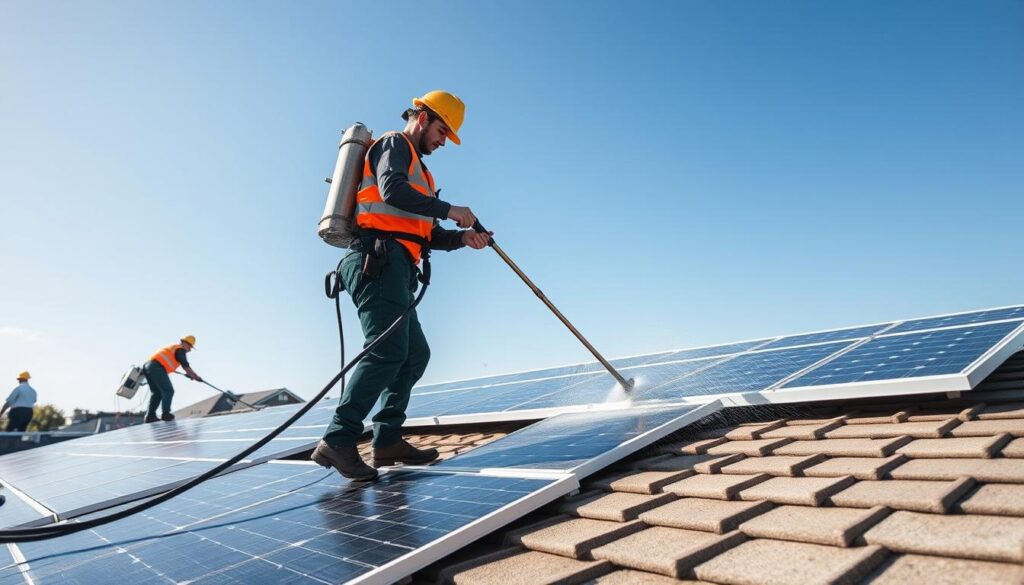 Generate an image of a solar panel cleaning service in Cranston, RI