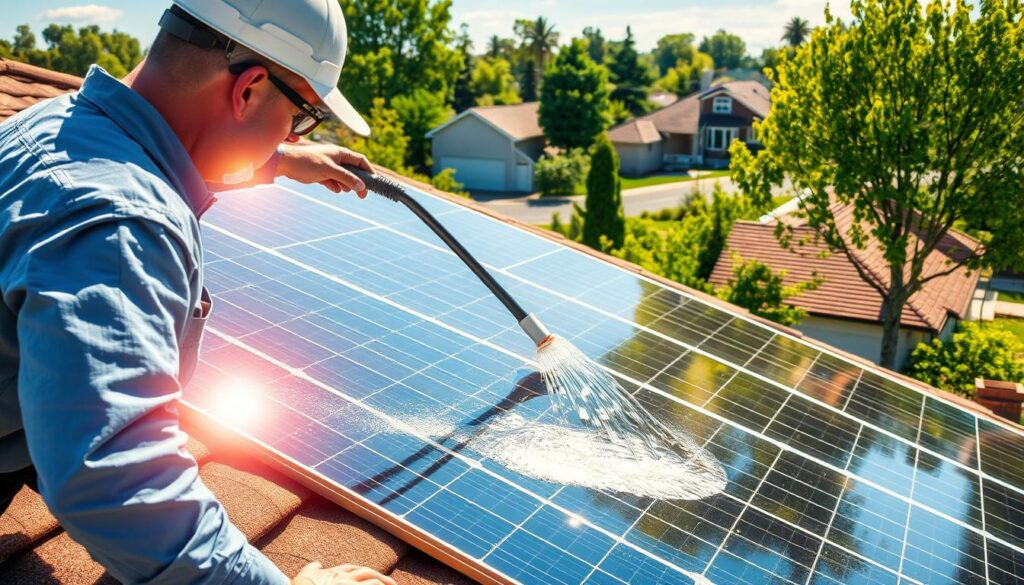 Generate an image of a solar panel cleaning service technician using purified water to clean solar panels in a residential area.