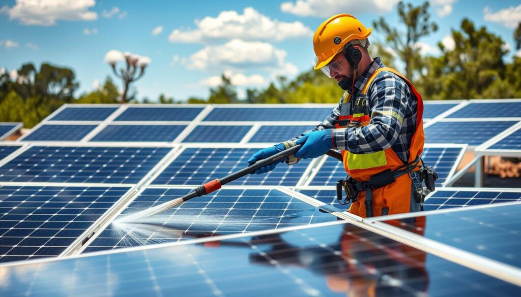 Generate an image of a solar panel cleaning specialist using advanced equipment to clean solar panels in Georgia.