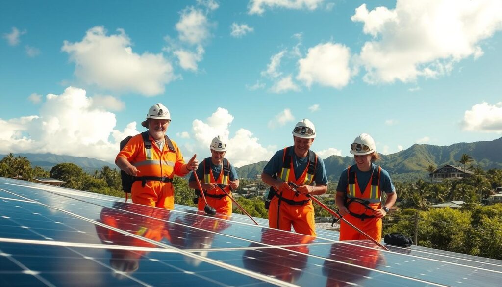 Generate an image of a solar panel cleaning team in Kailua, HI, using eco-friendly equipment.