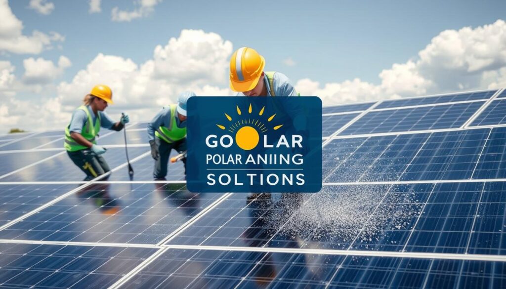 Generate an image of a solar panel cleaning team in action, with a Georgia Solar Solutions logo prominently displayed.