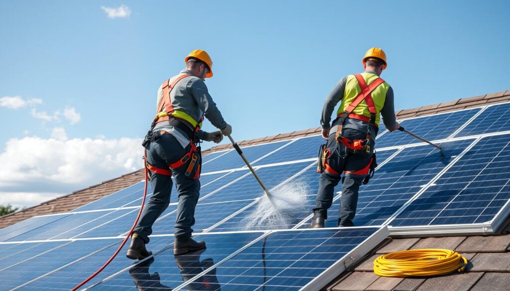 Generate an image of a solar panel cleaning team in action, with safety harnesses and specialized equipment, on a residential roof in Georgia.