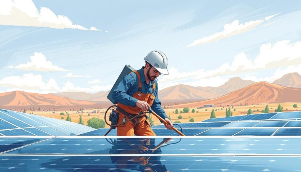 Generate an image of a solar panel cleaning technician at work in Idaho Falls.