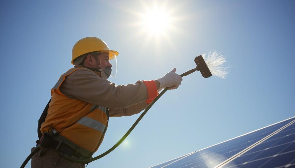 Generate an image of a solar panel cleaning technician at work in Roswell, NM.