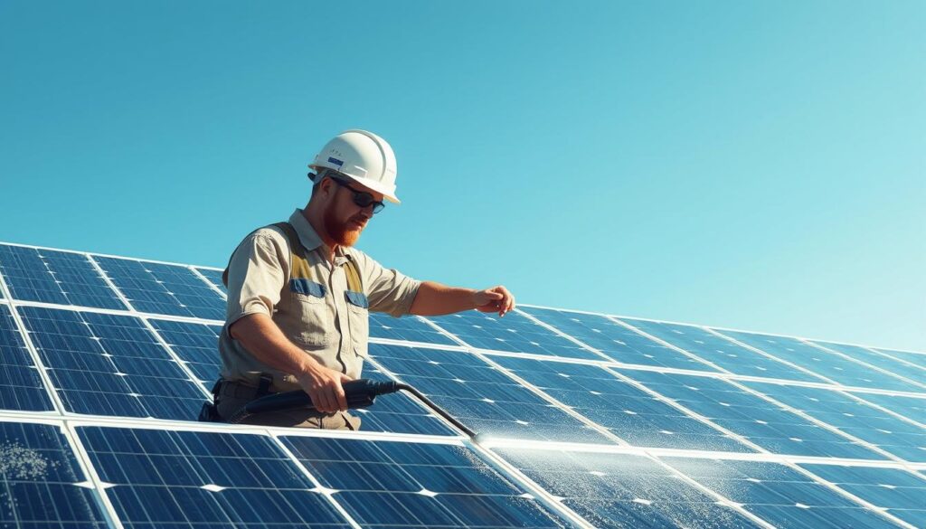 Generate an image of a solar panel cleaning technician in uniform, holding cleaning equipment.