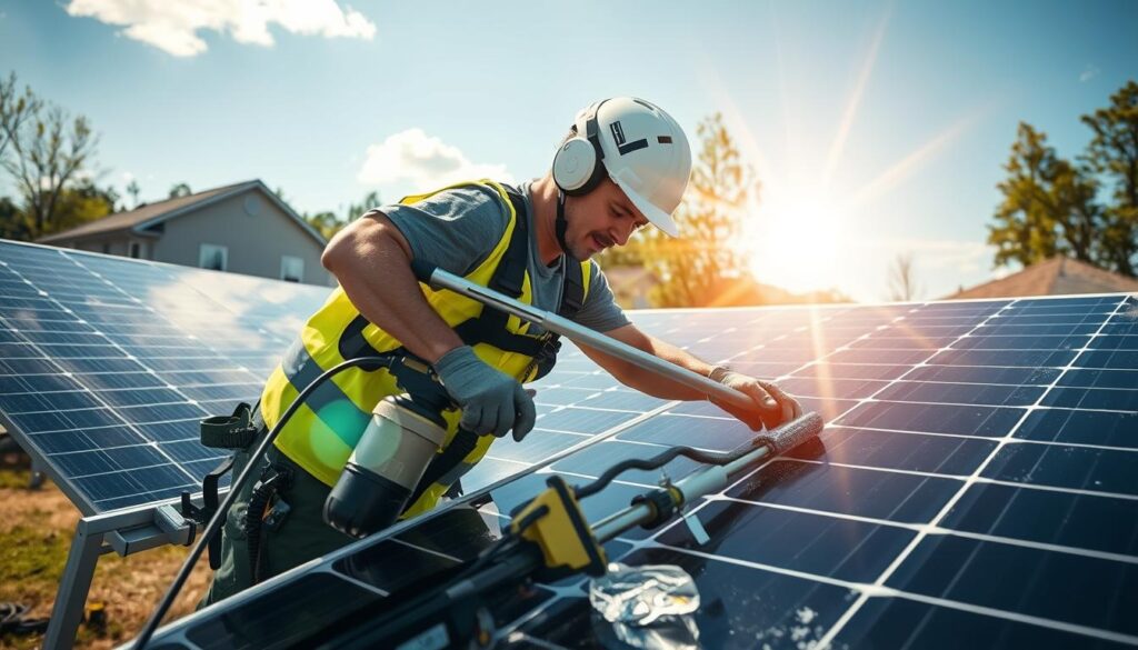 Generate an image of a solar panel cleaning technician using eco-friendly equipment on a residential solar panel system in Huntsville, AL.