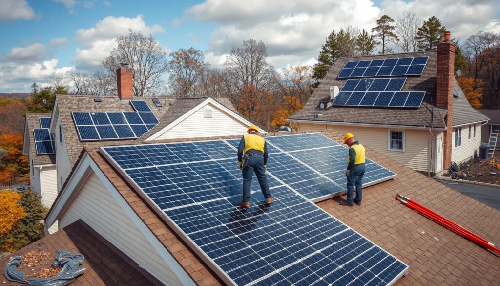Generate an image of a solar panel installation company in Dover, NH, showcasing their work.