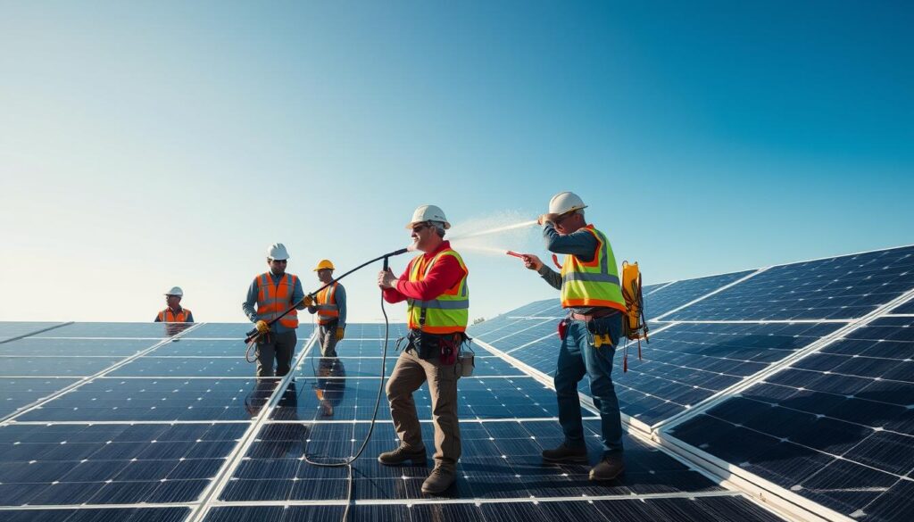 Generate an image of a team of professionals cleaning solar panels with a soft wash system.