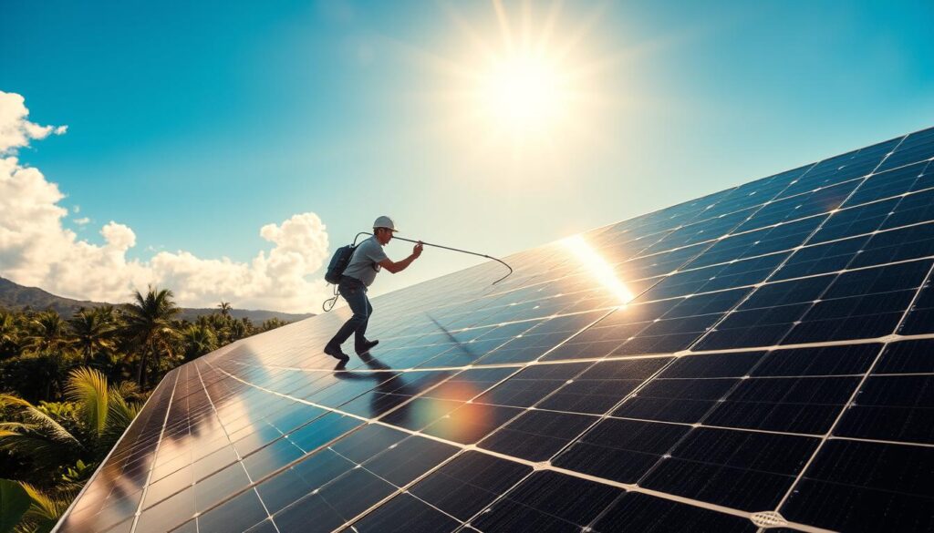 Generate an image of a technician cleaning solar panels in Kailua, HI