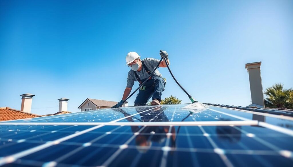 Generate an image of a technician cleaning solar panels on a residential roof in Savannah.