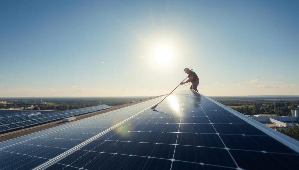 Generate an image of a technician cleaning solar panels on a roof
