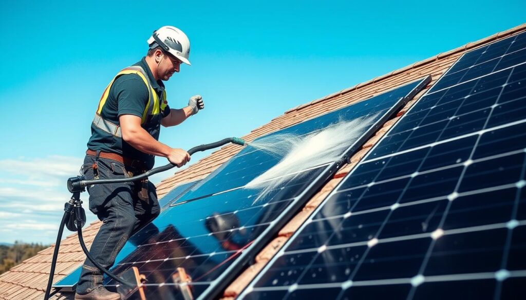 Generate an image of a technician cleaning solar panels on a roof in Huntsville, AL
