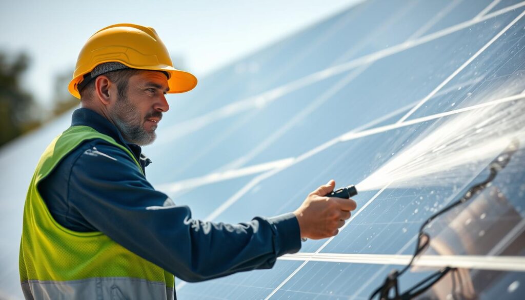 Generate an image of a technician cleaning solar panels with a pressure washer.