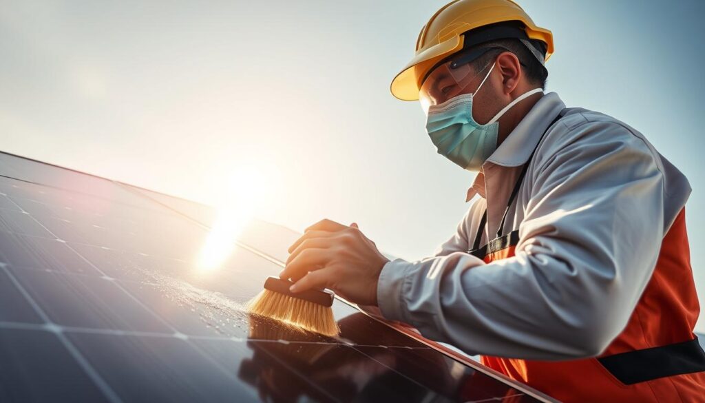 Generate an image of a technician cleaning solar panels with a soft brush and purified water.